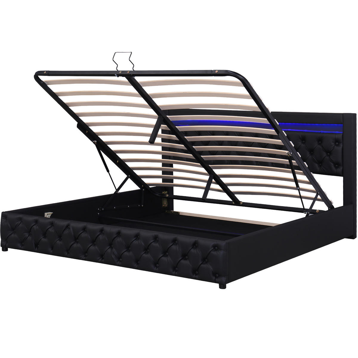 POLSTERBETT aus PU 180x200 cm Schwarz mit Bettkasten, LED-Beleuchtung und Lattenrost - Schwarz, Leder (180/200cm) - IVMEU