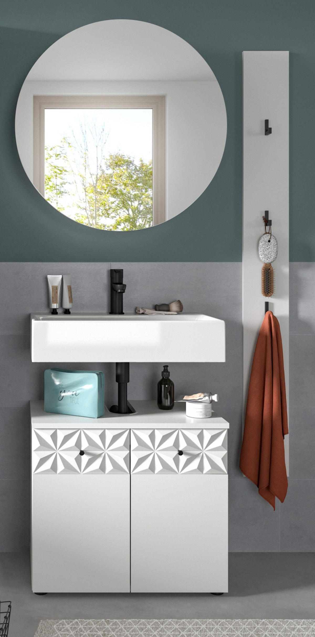 BADMÖBEL-SET weiß Hochglanz 3-teilig 100 cm, Komplettset mit 3D-Struktur - Weiß Hochglanz, Glas/Holzwerkstoff (101/187/37cm) - Inn.Furn