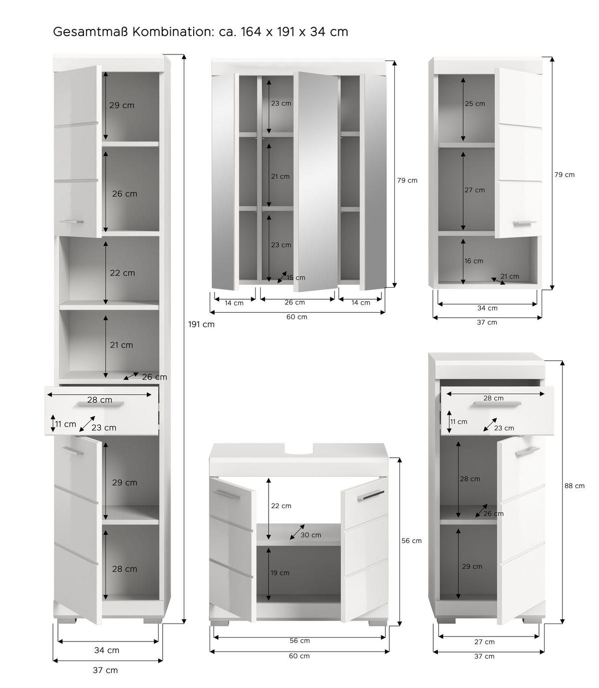 BADKOMBINATION 5tlg. Scout Bad in weiß Nachbildung und weiß hochglanz B/H/T: 164x191x34 cm - Weiß, Holz (164/191/34cm)