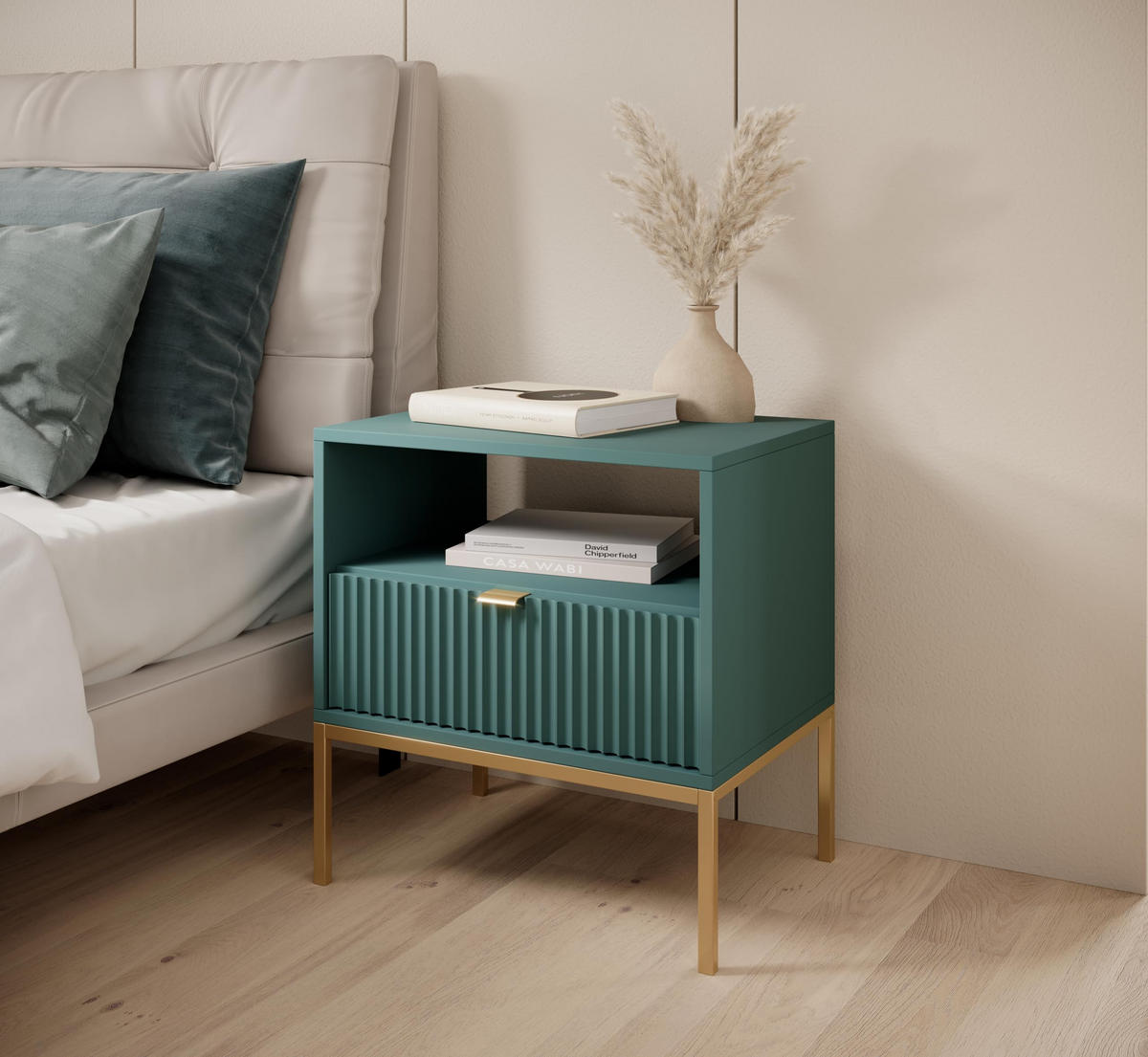 NACHTTISCH Font 54x56x39 cm - Modern Nachtschrank zum Schlafzimmer - EIN praktischer Commode aus Spanplatten - Grün - Grün, Holzwerkstoff (54/56/39cm) - Chilly