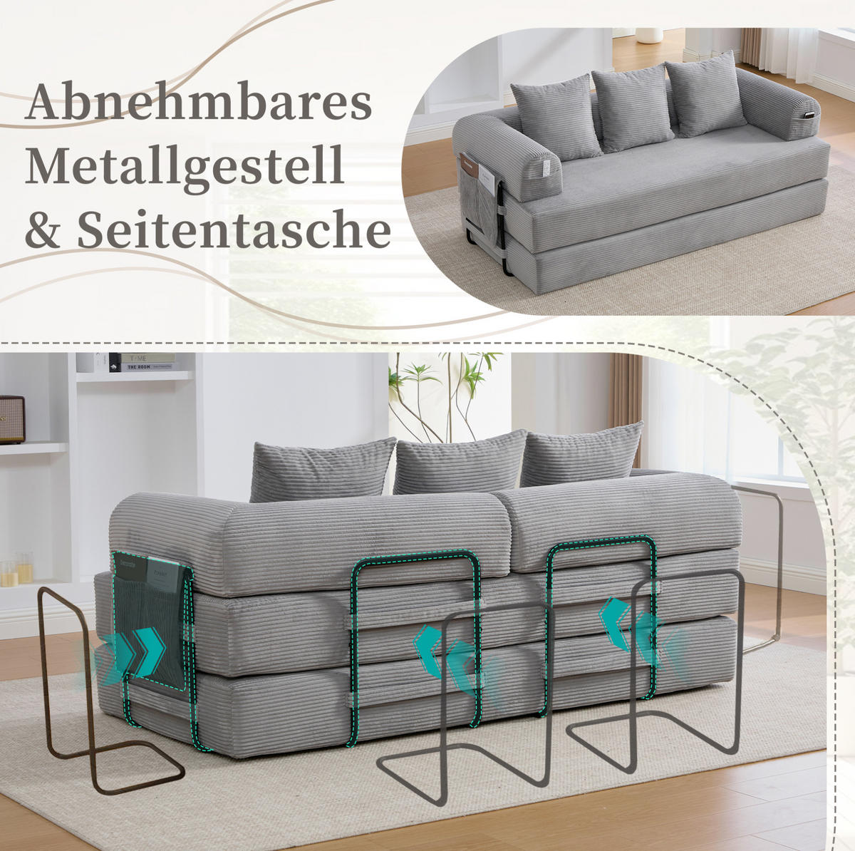 SOFA 200/94/67 cm aus Cord mit Metallgestell und 3 Kissen Hellgrau - Hellgrau, Textil (94/67/200cm) - Modenvie