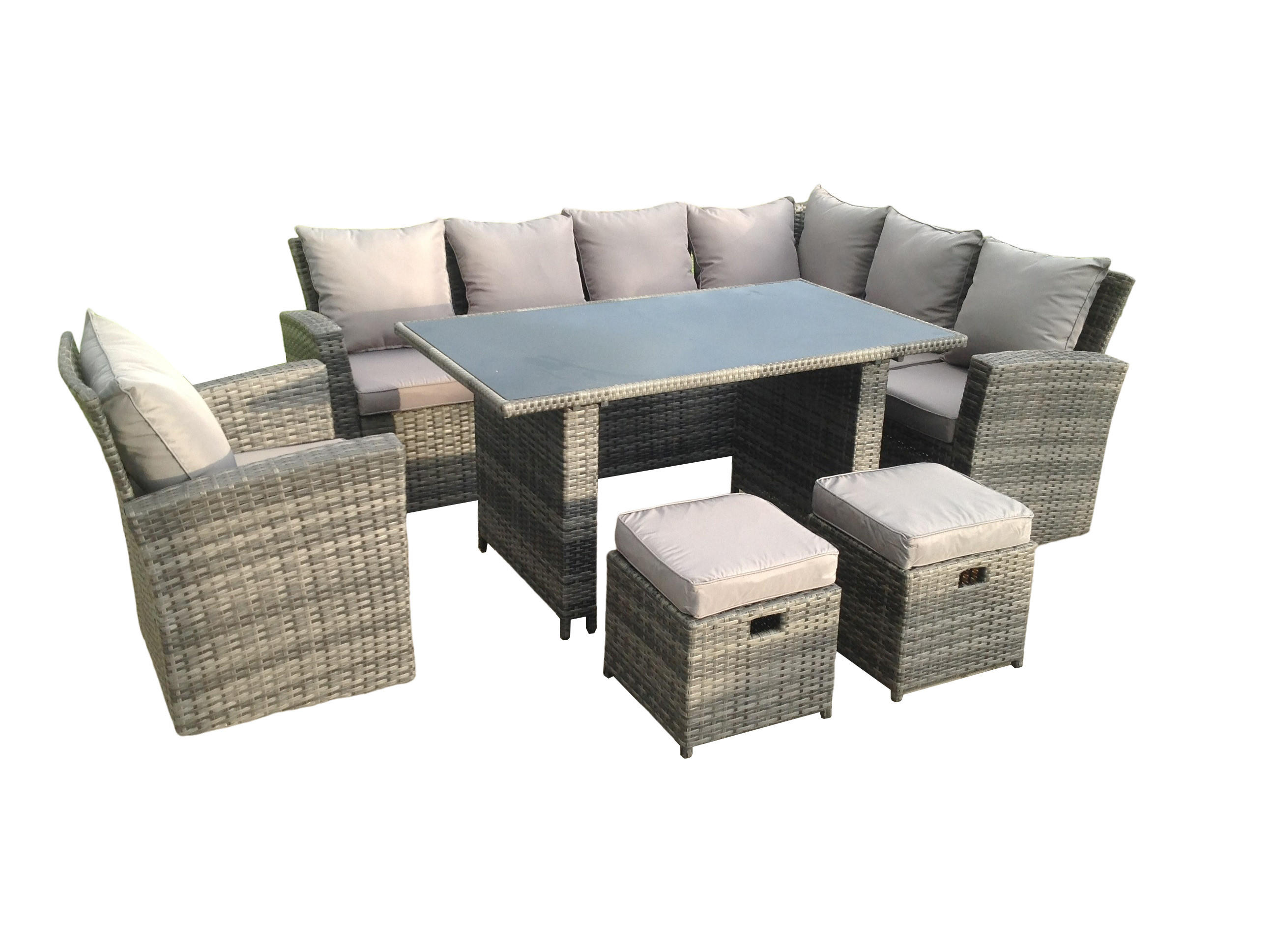 GARTEN-ECKSOFAGARNITUR mit Esstisch Polyrattan Dunkelgrau 9-Sitzer - Dunkelgrau/Grau, Glas/Kunststoff - Fimous