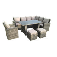 GARTEN-ECKSOFAGARNITUR mit Esstisch Polyrattan Dunkelgrau 9-Sitzer - Dunkelgrau/Grau, Glas/Kunststoff - Fimous