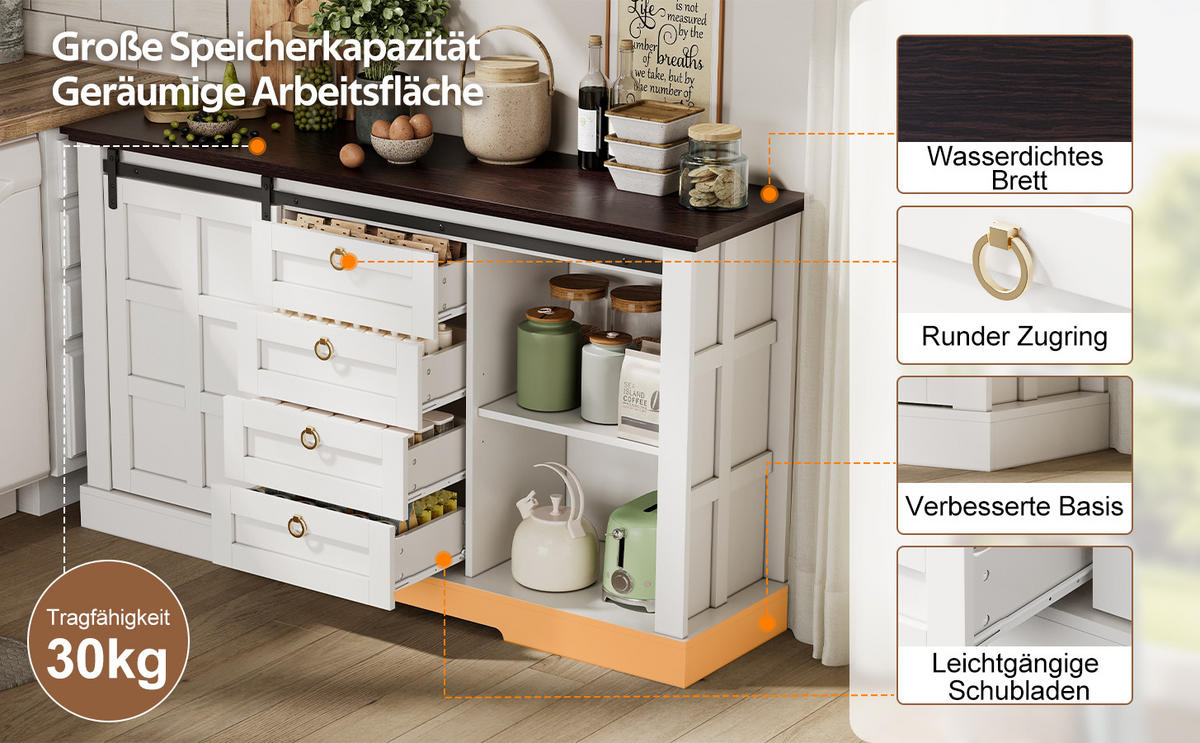 SIDEBOARD 150x40x85 cm mit Schiebetüren und 4 Schubladen - Weiß, Holzwerkstoff (150/85/40cm)