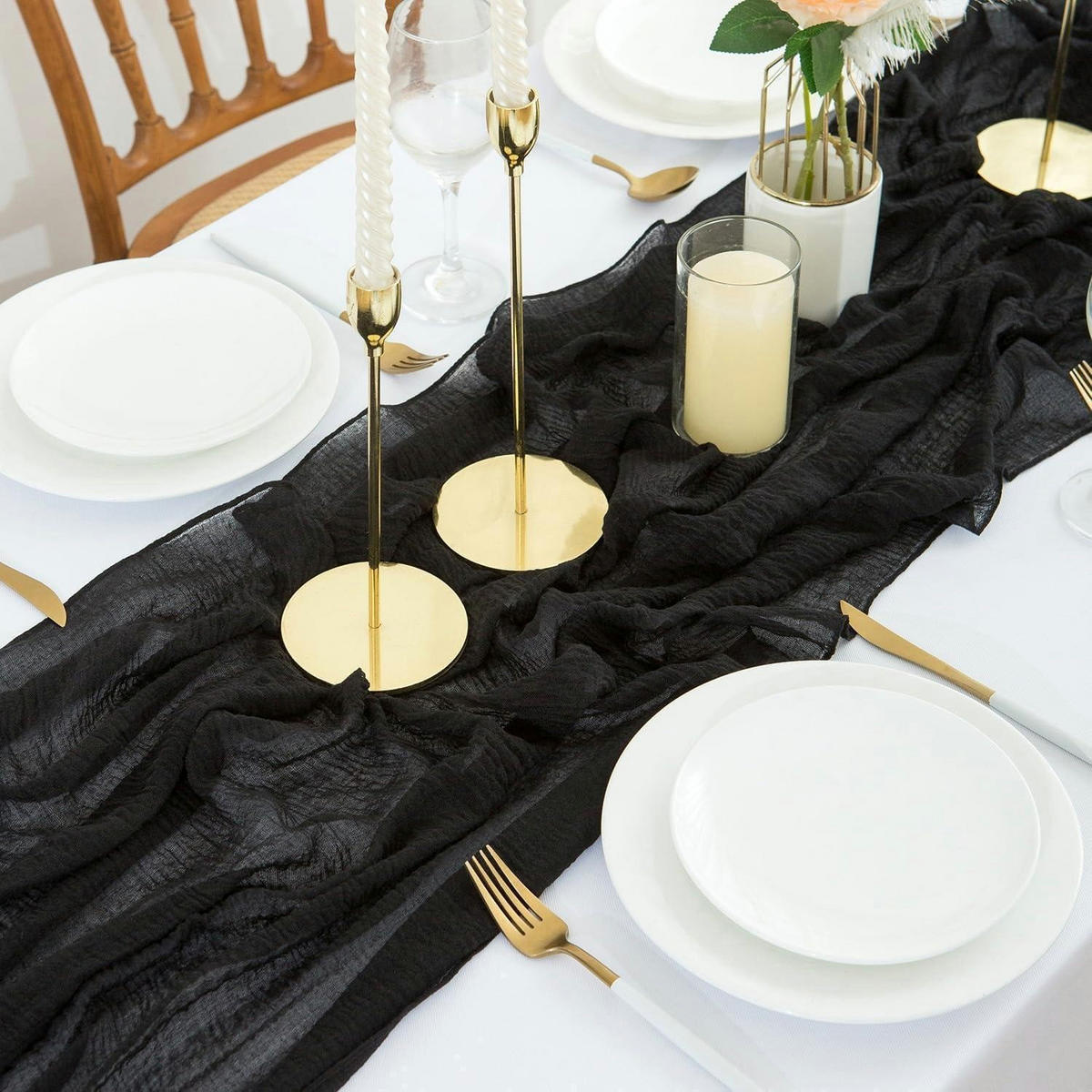 TISCHLÄUFER Musselin Schwarz 400 x 80 cm - Schwarz, Textil (400/80/1.5cm)