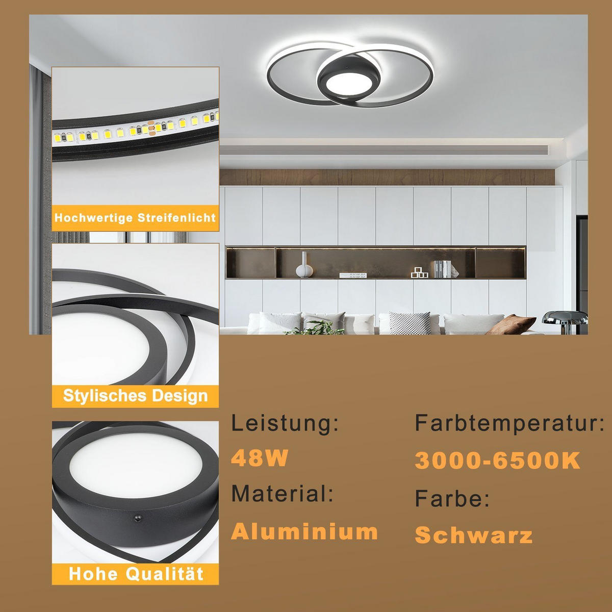 LED-DECKENLEUCHTE Einäugig 47.4/33.2/4 cm - Schwarz, Metall (47.4/33.2/4cm) - Nettlife