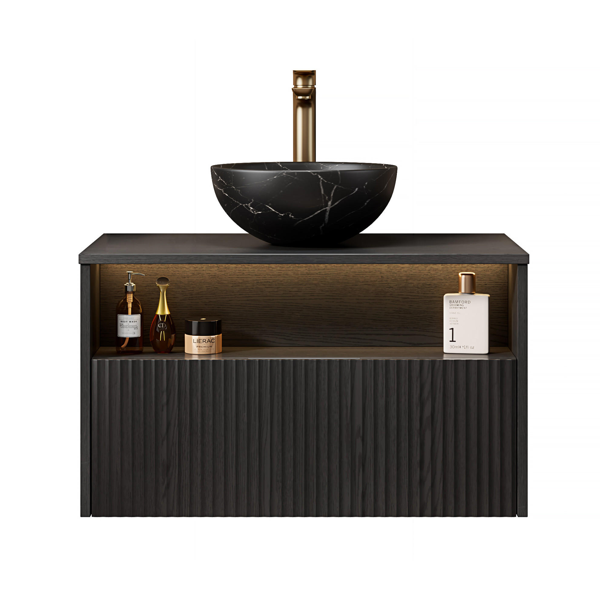 WASCHTISCHKOMBI 80x46x60.8cm in Schwarz mit Sensor-LED, Soft-Close & Massivholzfront - Schwarz, Keramik (80/60.8/46cm) - Modfu