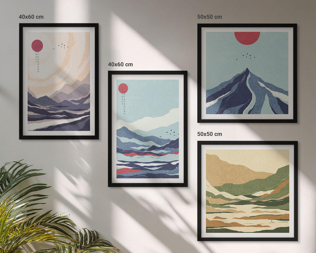 BILDER SET 4er Set - 50x50 cm & 40x60 cm Schwarzer Rahmen - Abstrakte Berglandschaften - Schwarz, Kunststoff (50/50cm) - TULUP