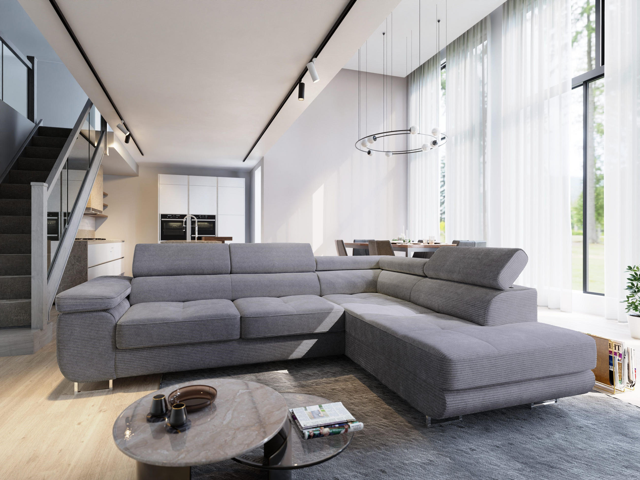 ECKSOFA APIRO R-S Grau Kordstoff mit Schlaffunktion - Grau, Holz (276/202cm) - MASSENO