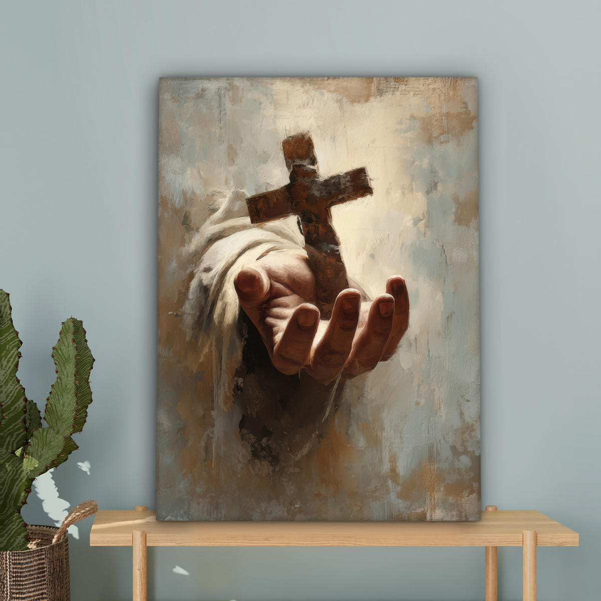 LEINWANDBILD Abstrakt - Kreuz - Hand - Christentum Wandbild Wohnzimmer 60x80 cm - Hellbraun, Textil (60/80cm) - MuchoWow
