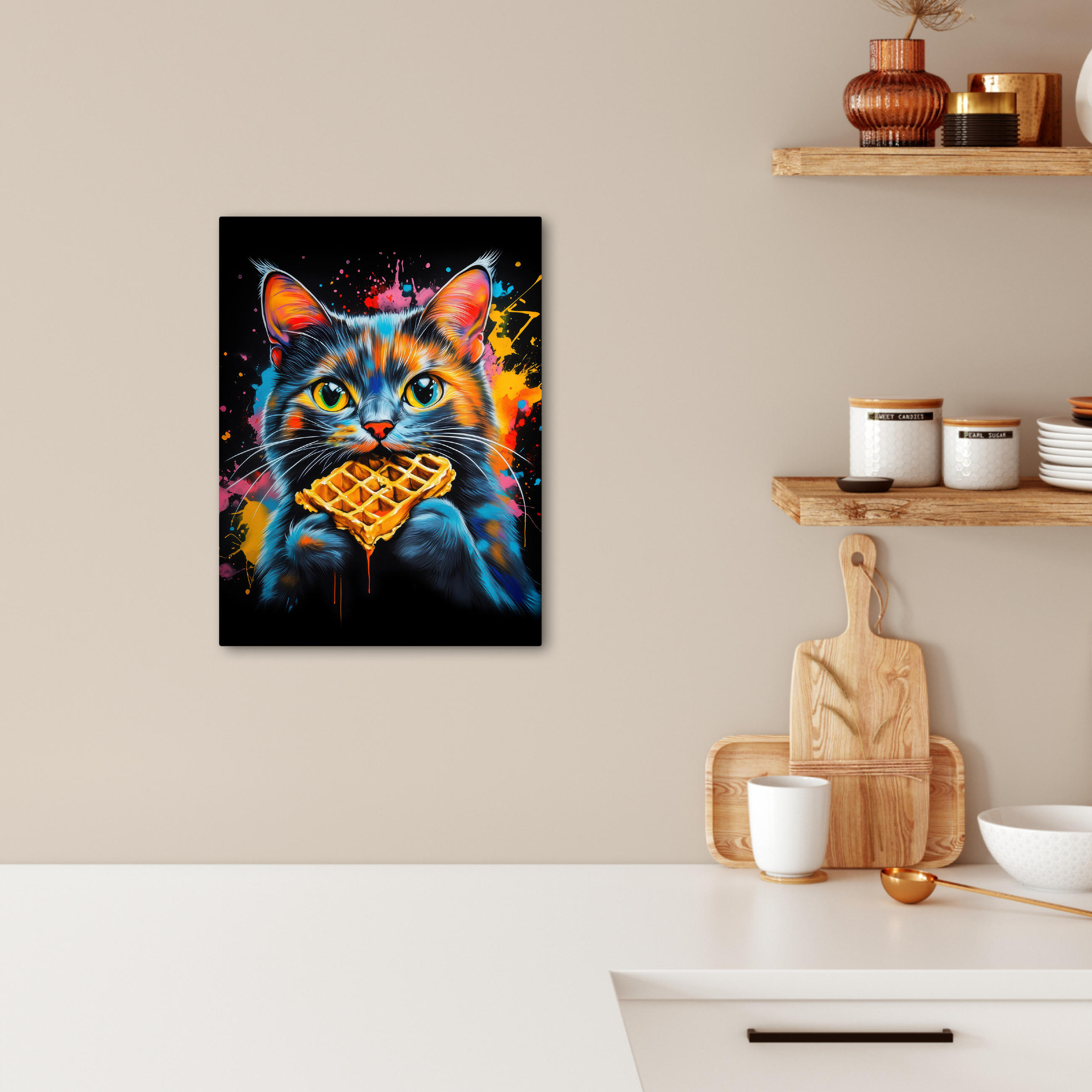 LEINWANDBILD Katze - Graffiti - Bunt - Waffel - Essen 30x40 cm - Türkis, Textil (30/40cm) - MuchoWow