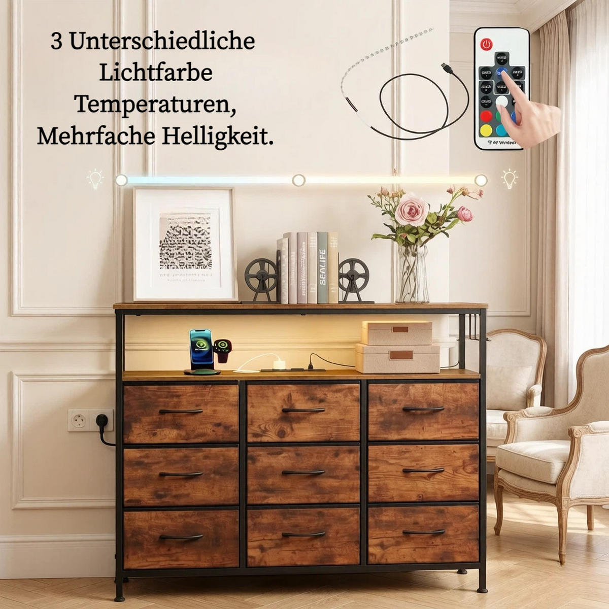 KOMMODE DE-38085 110/30/85 cm mit 9 Schubladen und LED-Beleuchtung Rustikal-Braun/Schwarz - Braun, Holzwerkstoff (110/85/30cm) - ComfortXL