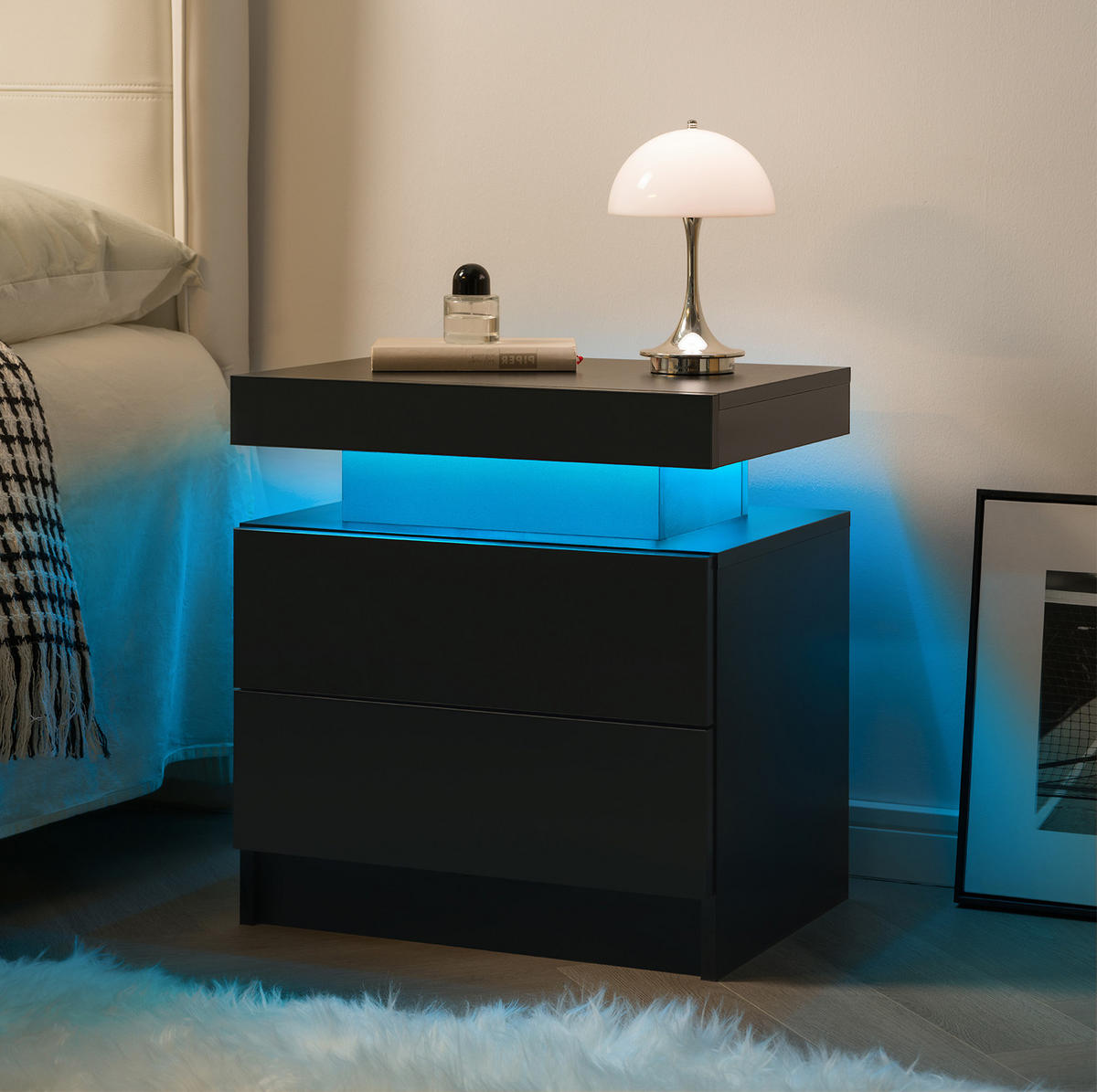 NACHTTISCH 50/53/36 cm mit LED-Beleuchtung in Schwarz – mit 2 Schubladen & offenem Fach - Schwarz, Holzwerkstoff (53/36/50cm) - BEAOK
