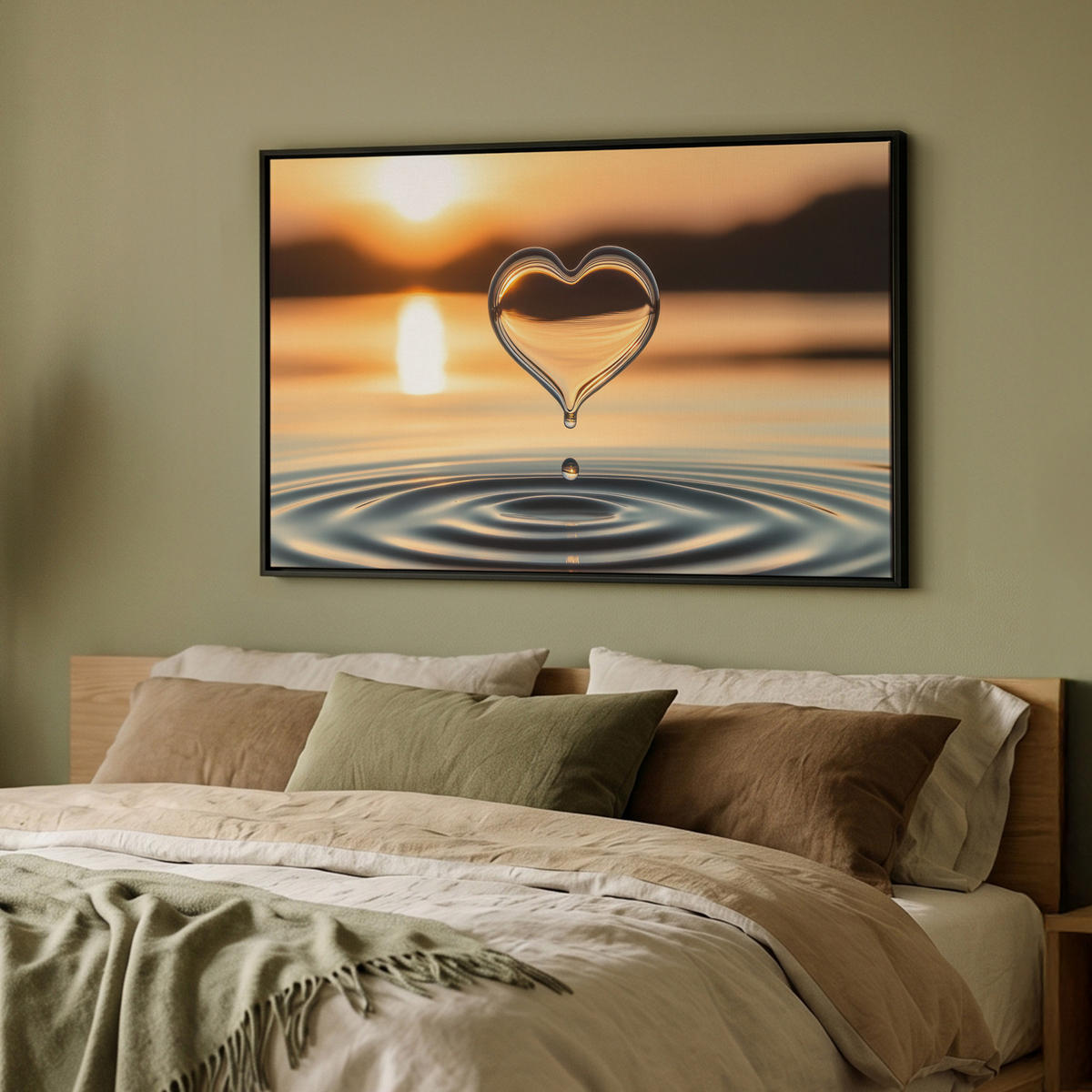 LEINWAND Bilder mit Rahmen - Herz - Wasser - Sonnenuntergang - Natur - Zen - 90x60 - Bernsteinfarben, Textil (90/60cm) - MuchoWow