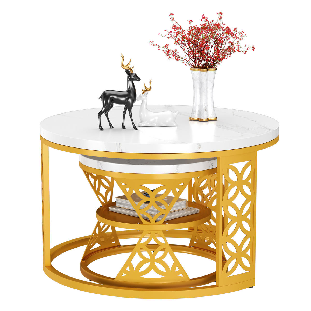 COUCHTISCH 2er Set 70/70/45 cm in Weiß und Goldfarben aus MDF mit Metallgestell - Goldfarben/Weiß, Holzwerkstoff/Metall (70/70/45cm) - CHICFURN