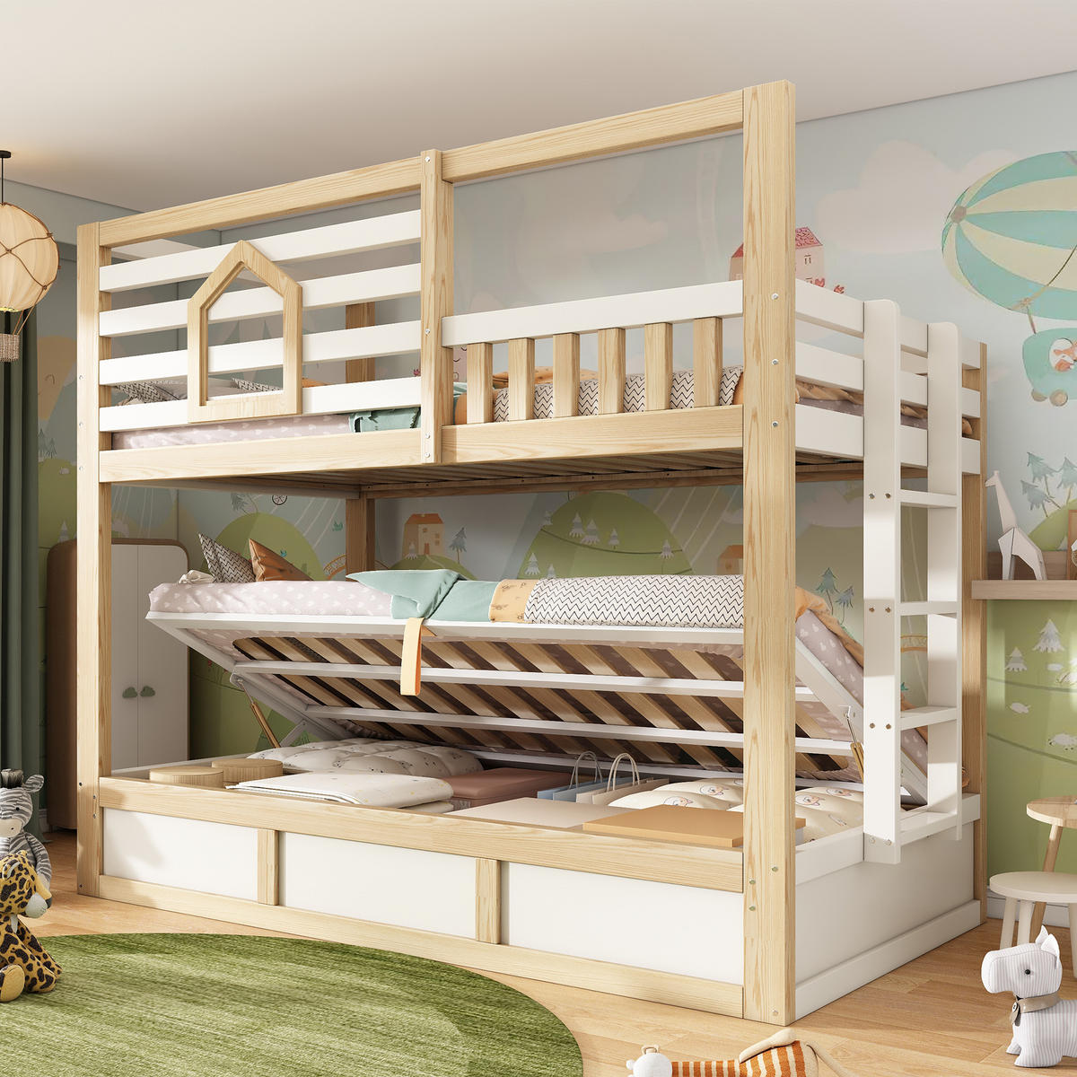 ETAGENBETT 90/200 cm & 90/200 cm in Weiß & Eichefarben mit Stauraum und Sicherheitsgeländer im Hüttenstil - Weiß/Naturfarben, Holzwerkstoff (90/200cm) - STILVORA