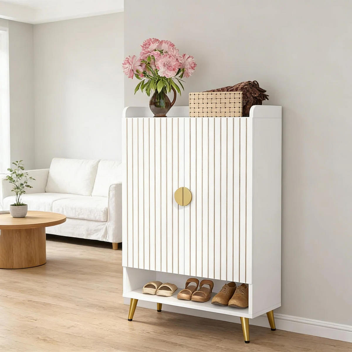 SCHUHSCHRANK Weiß 75/37/110 cm - Goldfarben/Weiß, Holzwerkstoff/Metall (73/110/37cm) - Quality Elegance