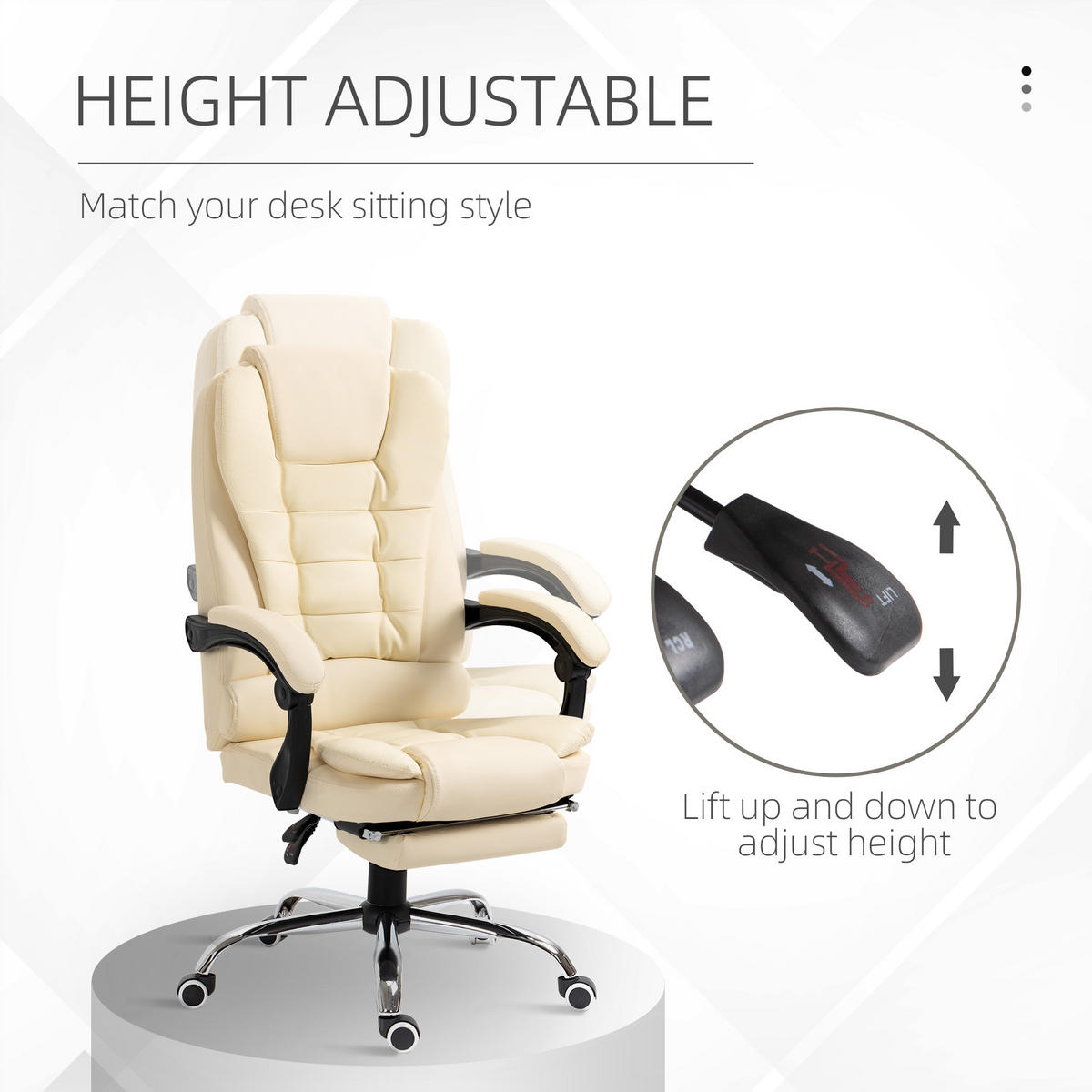 CHEFSESSEL Bürostuhl mit Fußstütze, Schreibtischstuhl mit Neigefunktion Creme - Creme, Leder (69/117/64.5cm) - HOMCOM
