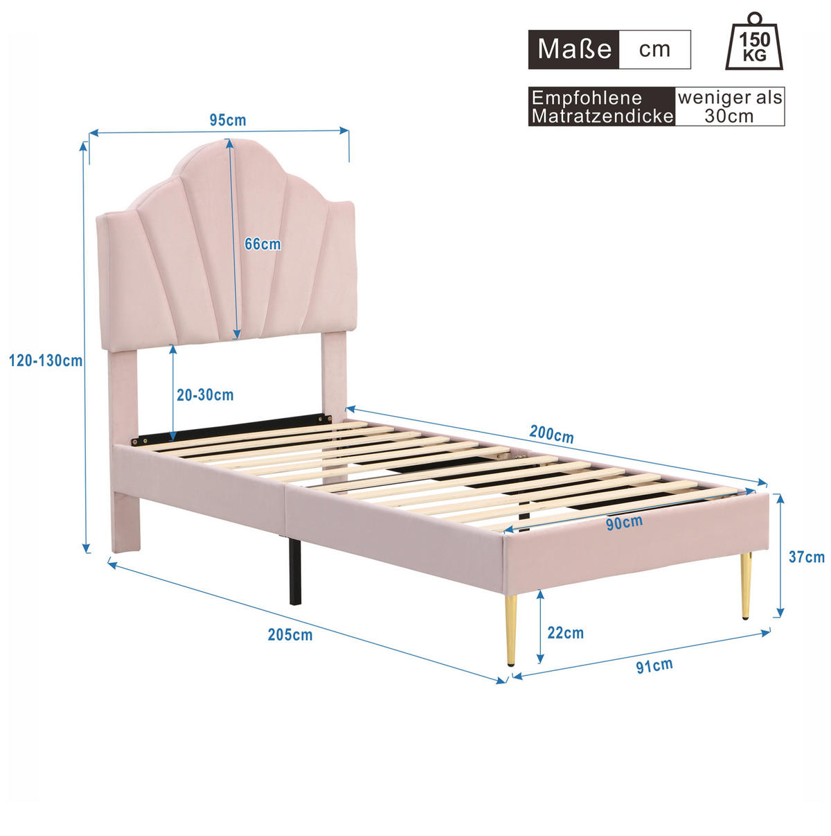 POLSTERBETT 90/200 cm aus Samt mit verstellbarem Kopfteil, Muschel-Design und Bank mit Stauraum, Rosa - Rosa, Textil (90/200cm) - Redom
