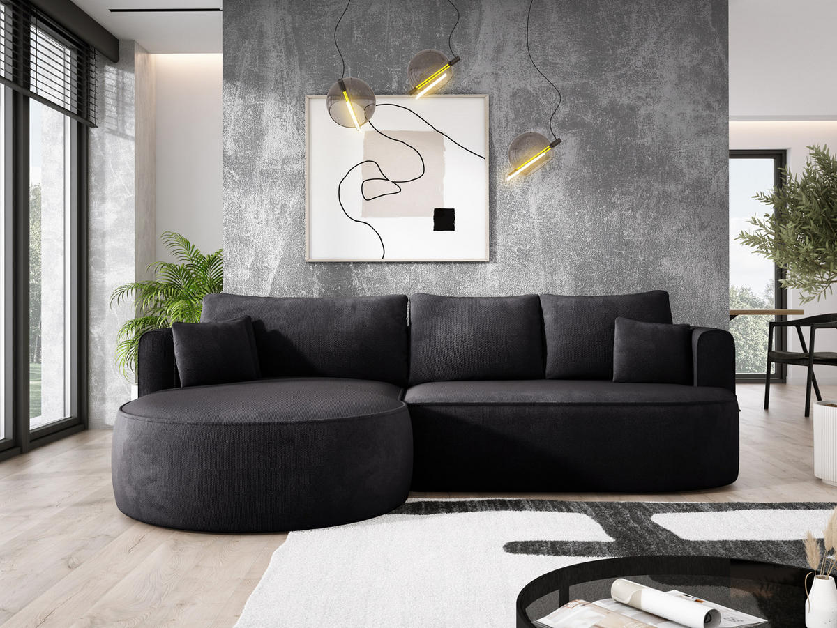 ECKSOFA FIORE-L Moderne Ausziehbare Schlaf-Funktion, automatischer Auffaltung, lose Rückenkissen freistehend LINKS 284x183x82 cm cm Black - Schwarz, Holz/Textil (183/284cm) - DomoHome