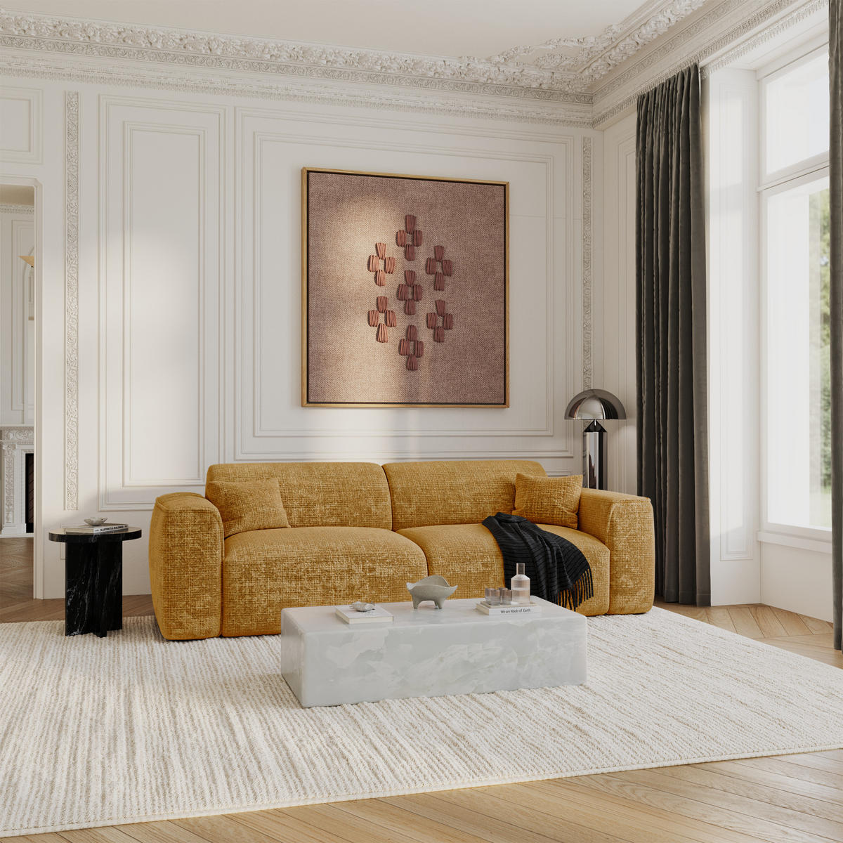 SCHLAFSOFA GERADE Geprägter Samt Senf 240cm - Dunkelgelb, Textil (240/73/97cm) - Sia Home