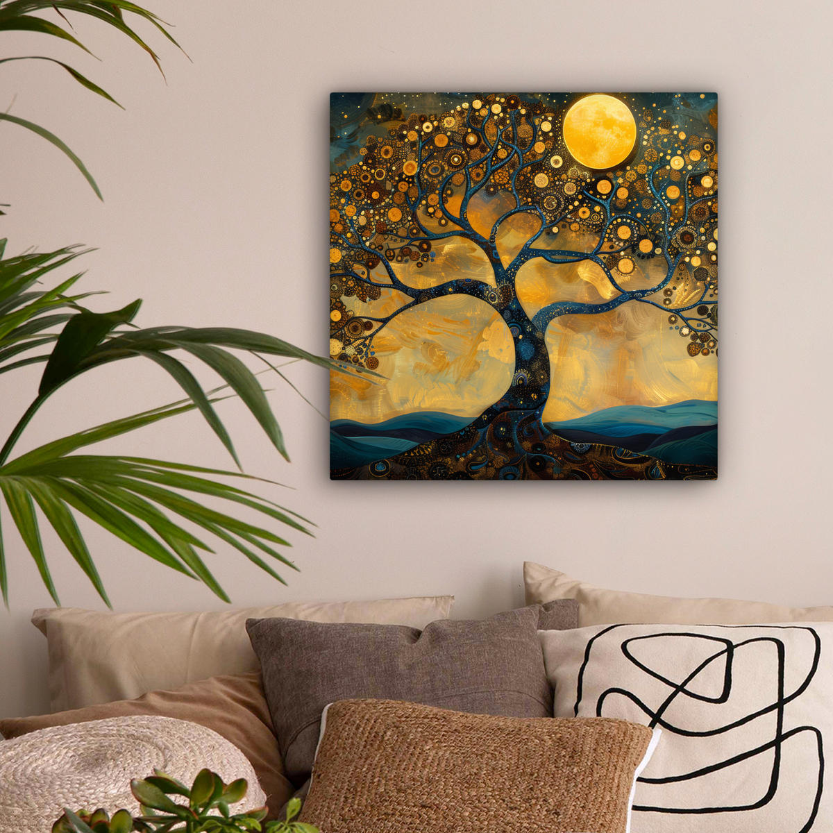 LEINWANDBILD Baum - Mond - Blumen - Gold - Kunst Wandbild Wohnzimmer 50x50 cm - Orange, Textil (50/50cm) - MuchoWow