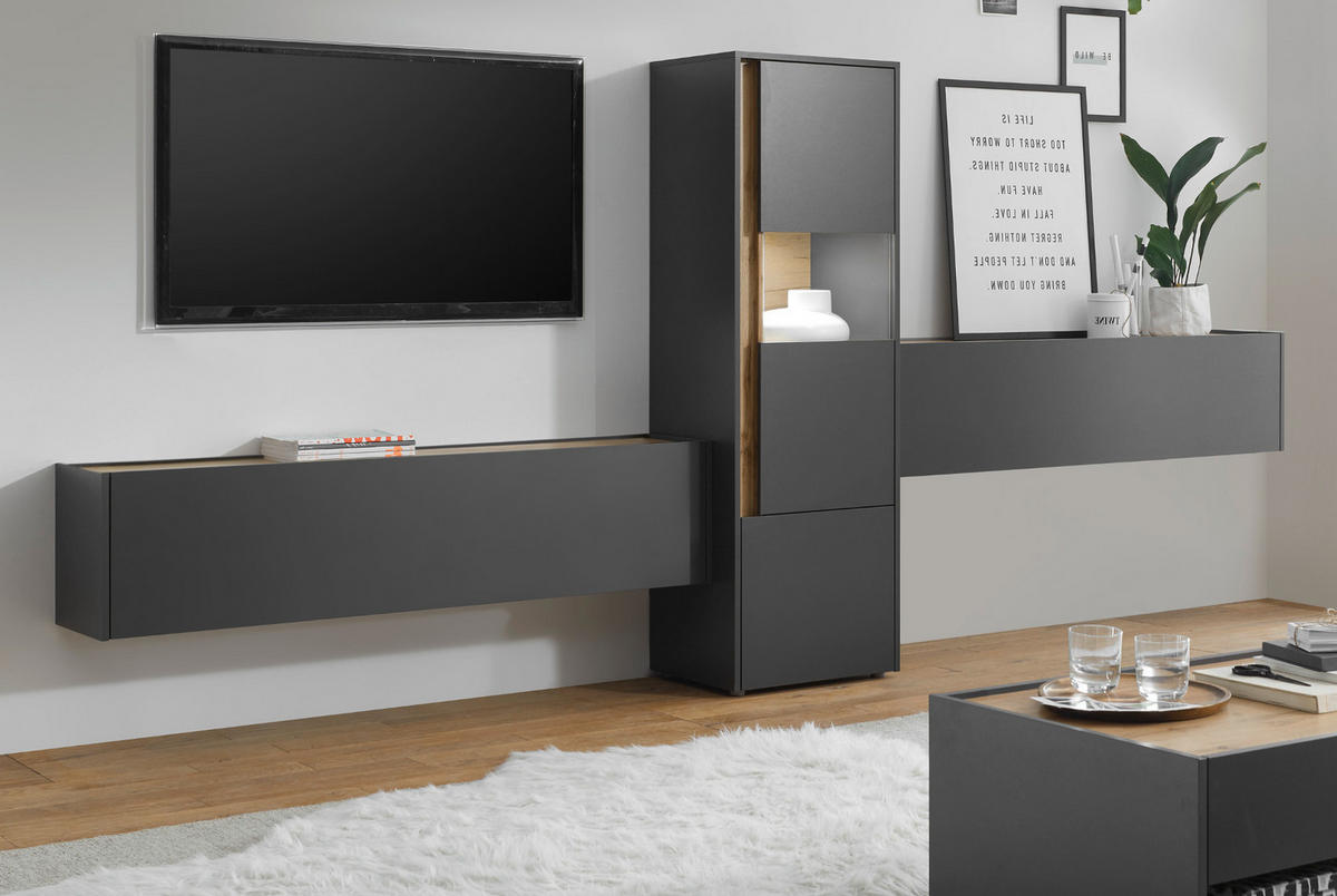 WOHNWAND 3-teilig grau matt, Eiche Wotan 350 cm, Wohnkombination mit viel Stauraum - Eiche Wotan/Grau, Glas/Holz (350/155/40cm) - Furn.Design