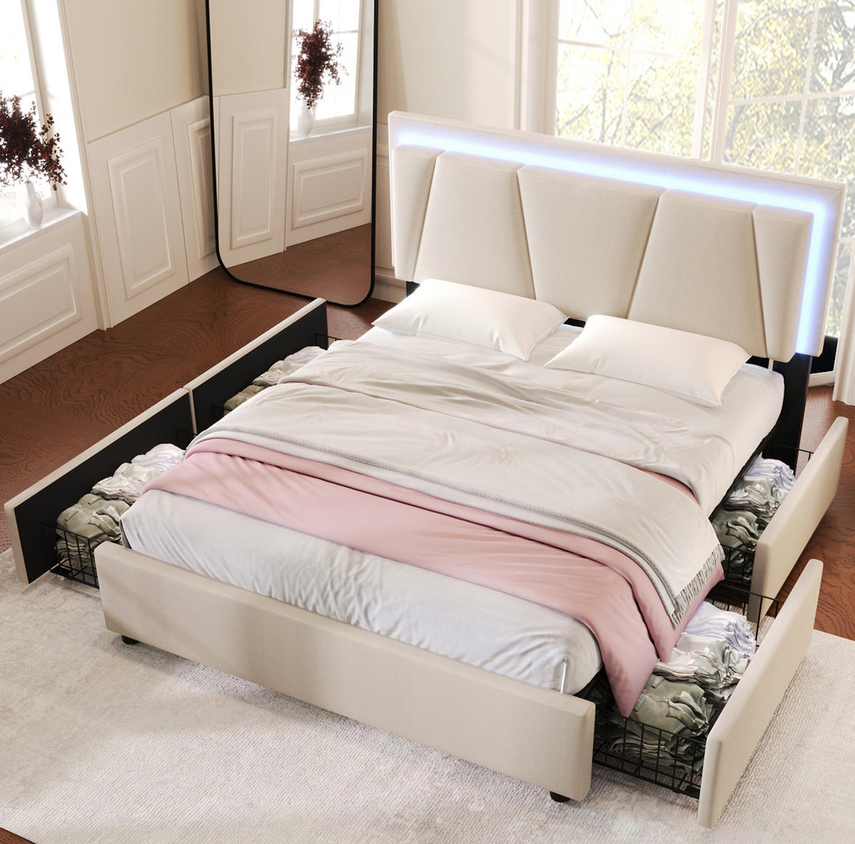 POLSTERBETT mit LED und 4 Schubladen 140x200 cm Beige - Beige, Holz (140/200cm) - Meubliv