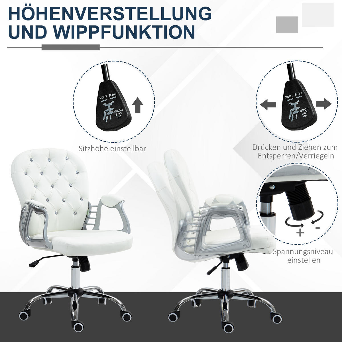 BÜROSTUHL, Ergonomisch Schreibtischstuhl mit Armlehne, Gepolsterter Rückenlehne - Weiß, Kunststoff (60.5/103/59.5cm) - Vinsetto