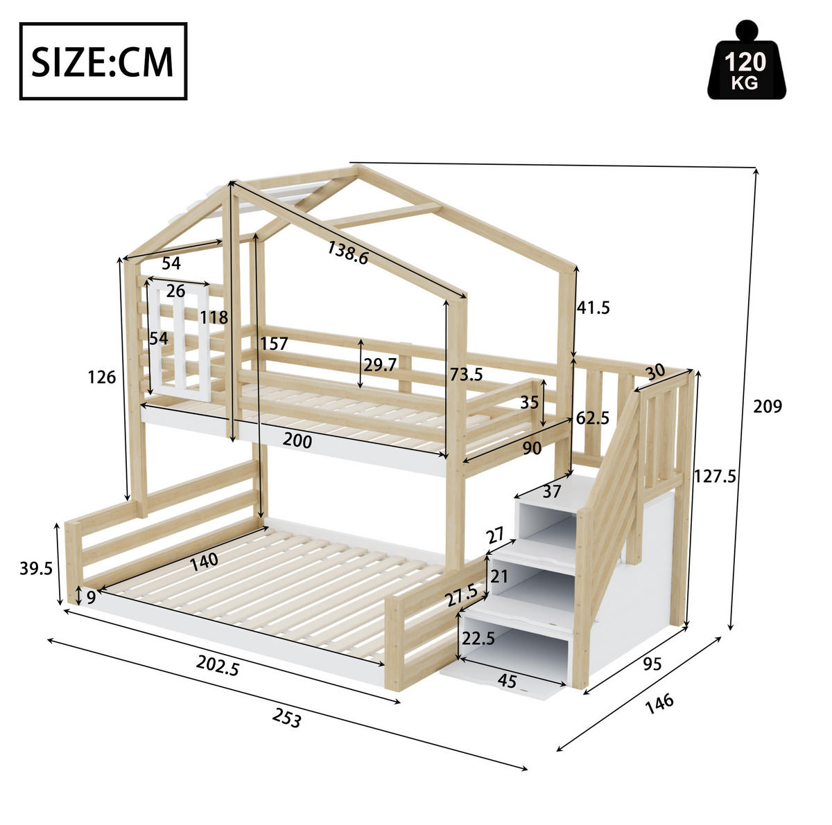 ETAGENBETT 90/200 & 140/200 cm mit Hausdesign, Fenster, Stauraumtreppe und Rundumgeländer aus Kiefer , Natur - Naturfarben, Holzwerkstoff (90/200cm) - Redom