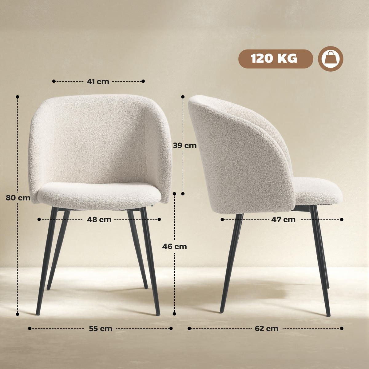 ESSZIMMERSTÜHLE 2er Set Küchenstuhl mit Ergonomisch Rückenlehne, Lammwoll-Optik - Creme/Schwarz, Textil/Metall (62/80/55cm) - HOMCOM