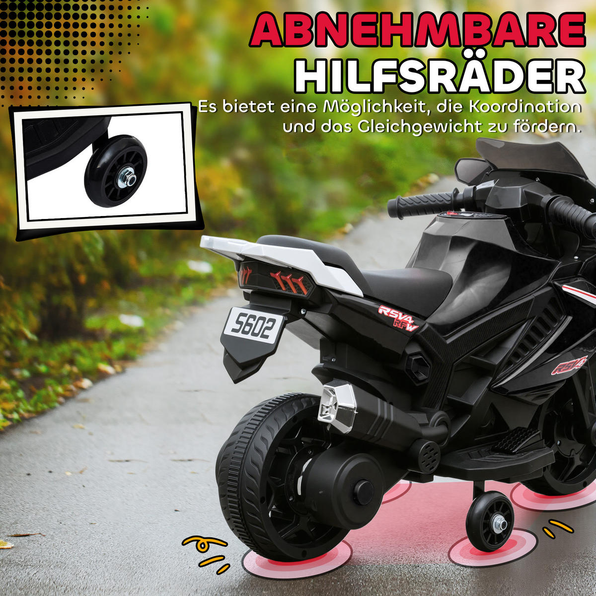 ELEKTRO-KINDERMOTORRAD mit USB Stützrädern und Musik, schwarz - Schwarz, Metall (75/36/49cm) - AIYAPLAY