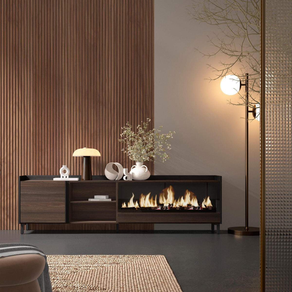 LOWBOARD, Eiche und Schwarz, 212/35/61cm, Kamin mit Feuereffekt XXL - Dunkelbraun, Holzwerkstoff (212/61/35cm) - Skraut Home