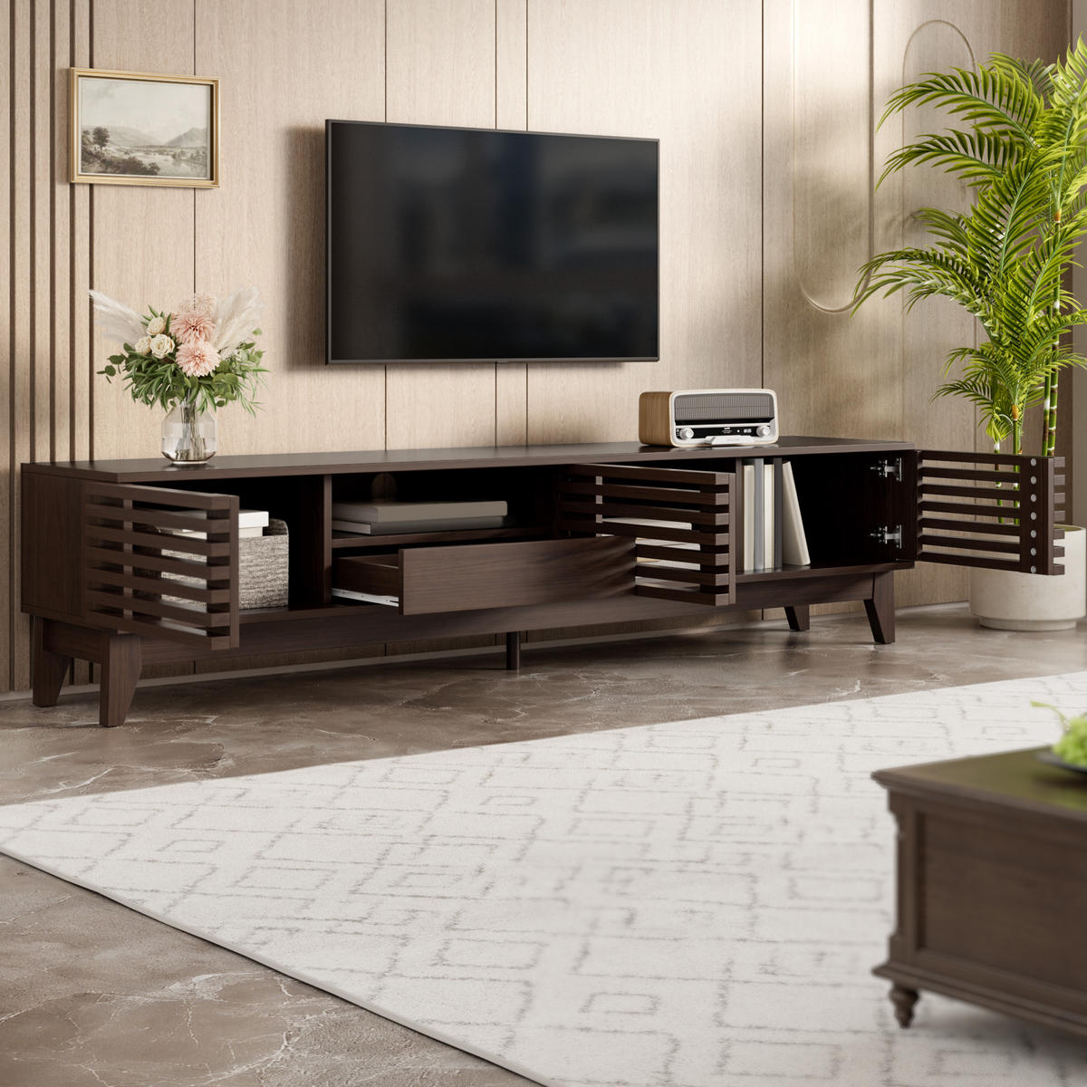 TV-LOWBOARD aus Holzwerkstoff 170x35x40 cm Natur mit 3 Türen, 1 Schublade und Kabeldurchführung im Vintage-Lamellendesign - Naturfarben, Holzwerkstoff (170/40/35cm) - Modfu