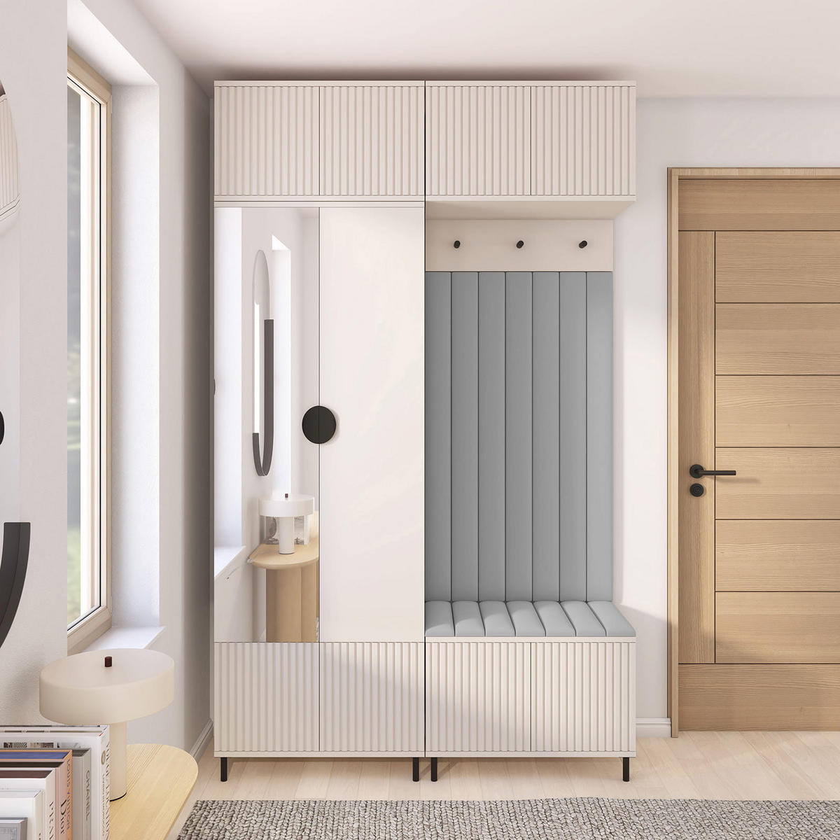 GARDEROBE Ritmo version 2 mit Spiegel, mit POLSTERPANEELEN GRAU - Beige/Grau, Holzwerkstoff (140/235/40cm) - Jerpax