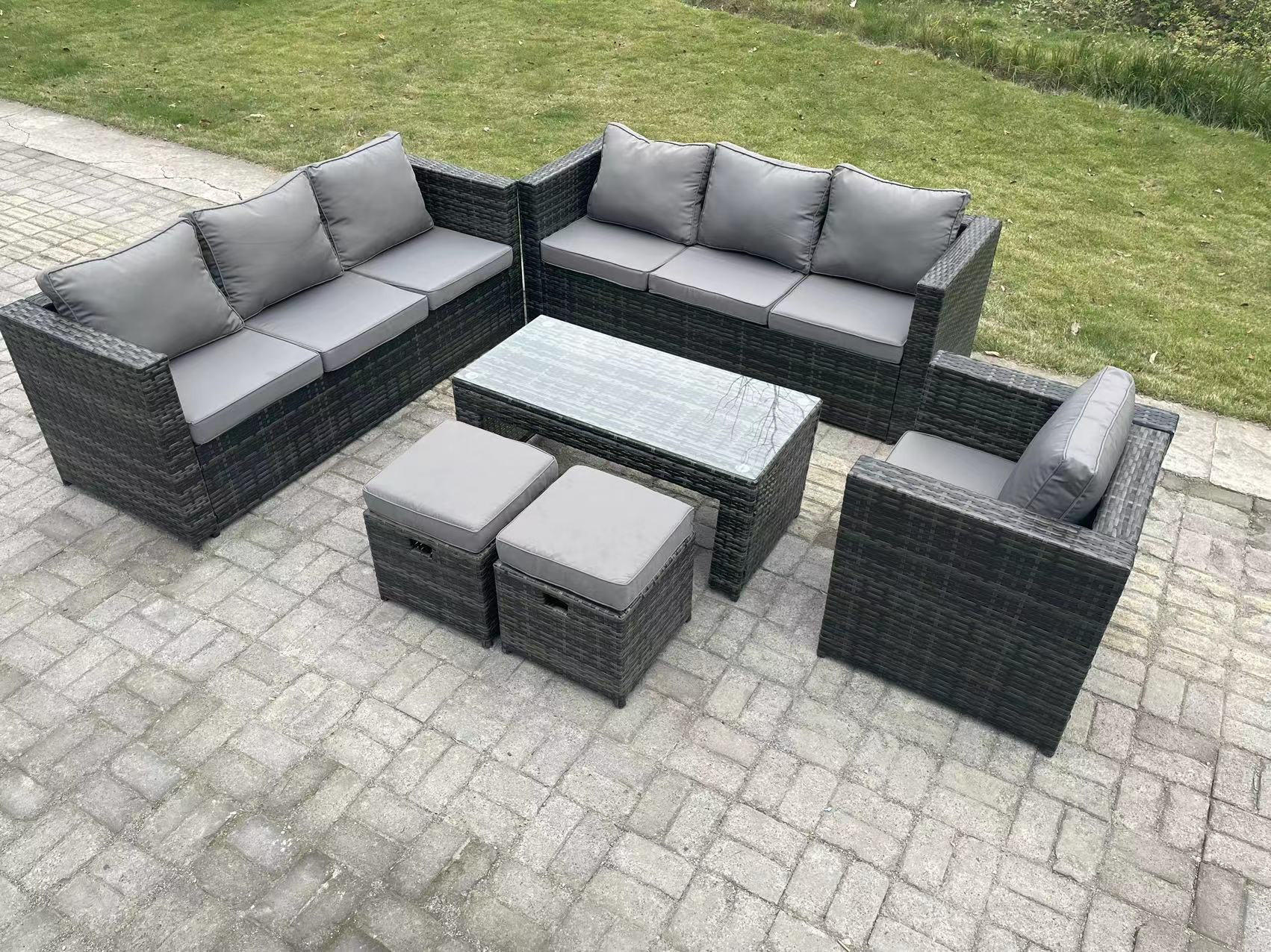 GARTENMÖBELSET mit Couchtisch Polyrattan 9-Sitzer - Dunkelgrau/Grau, Glas/Kunststoff - Fimous