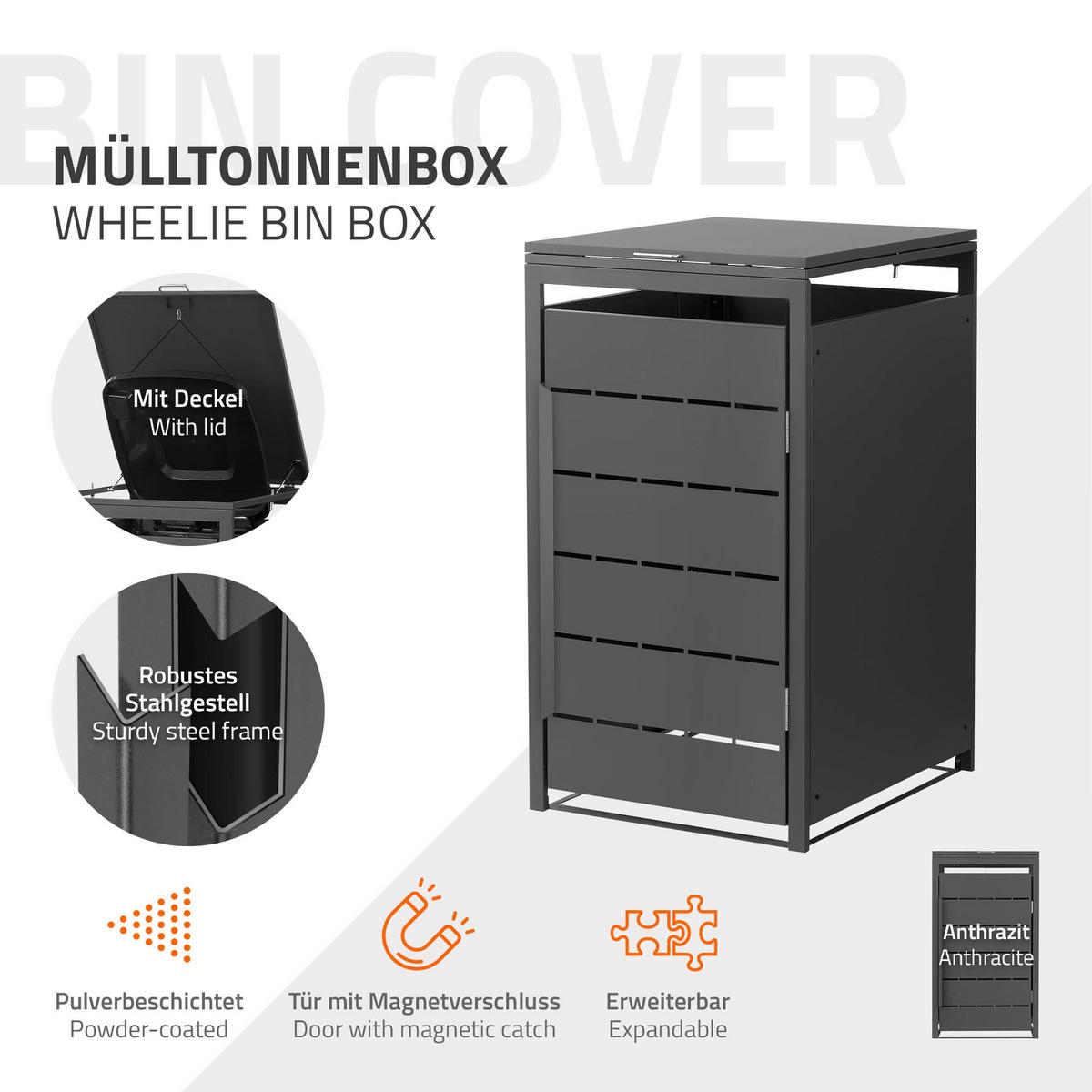 MÜLLTONNENBOX 1er 240L 68x80x120 cm Anthrazit aus Stahl wetterfest - Anthrazit, Metall (80/120/68cm) - ML-DESIGN