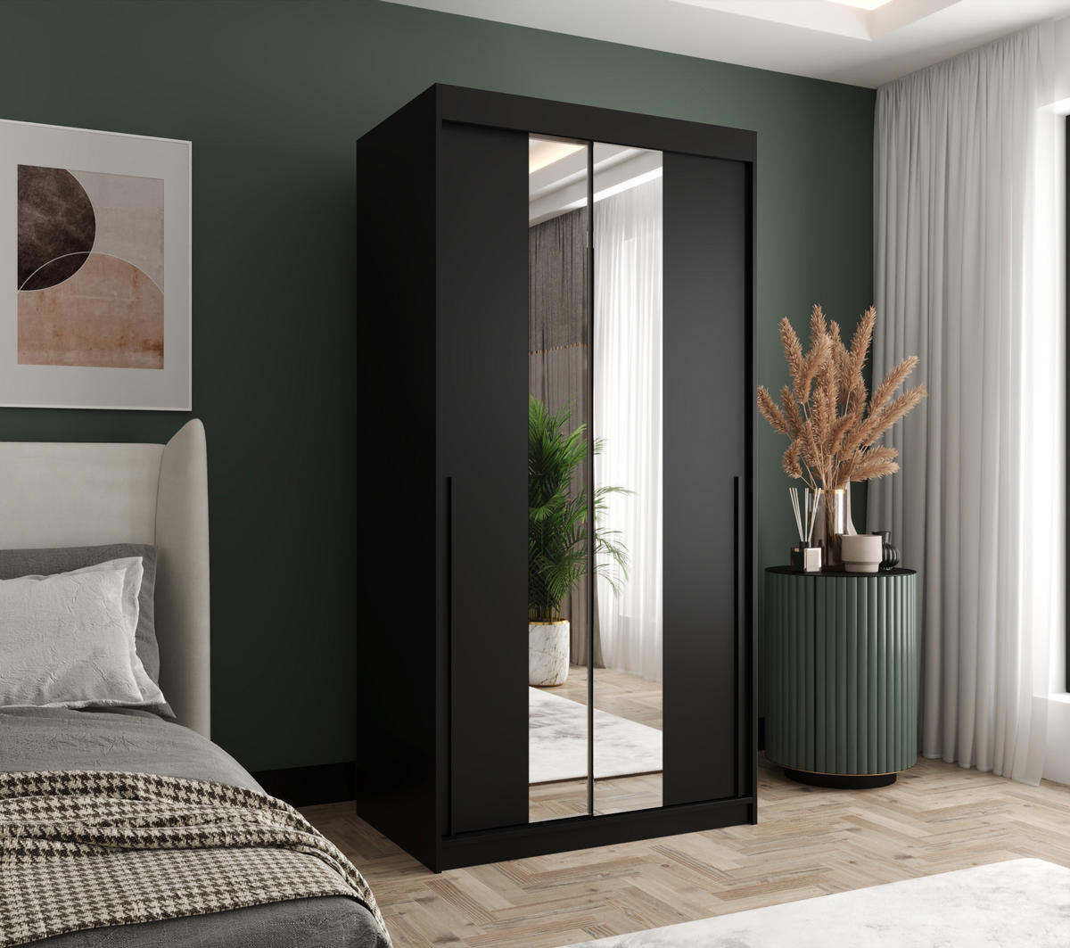 SCHIEBETÜRENSCHRANK mit Spiegel 100 cm Breite, schwarz, mit schwarzem Griff - Schwarz, Holzwerkstoff (100/200/62cm) - Home Collective