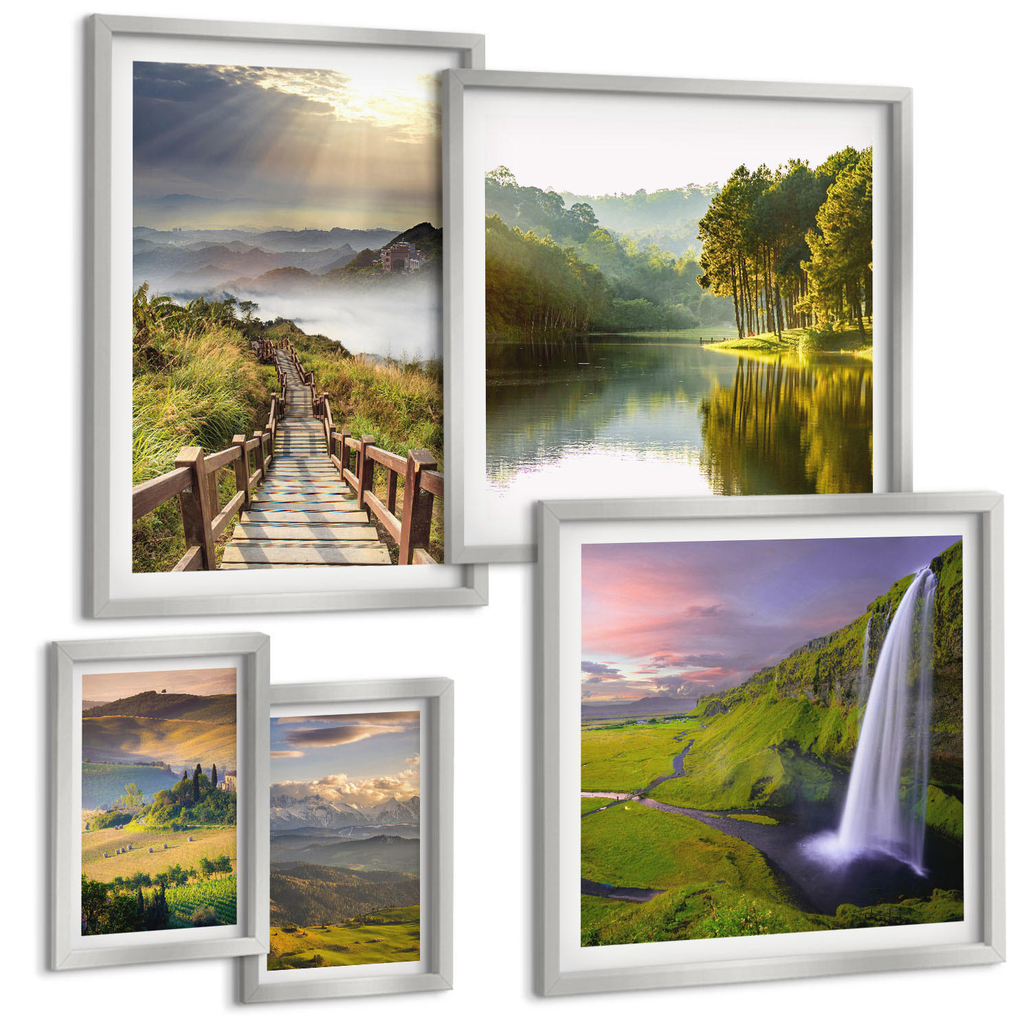 BILDER SET 5er Set - 50x50 cm & 20x30 cm & 40x60 cm Silberner Rahmen - Aquarell von grünen tropischen Blättern - Silberfarben, Kunststoff (40/60cm) - TULUP