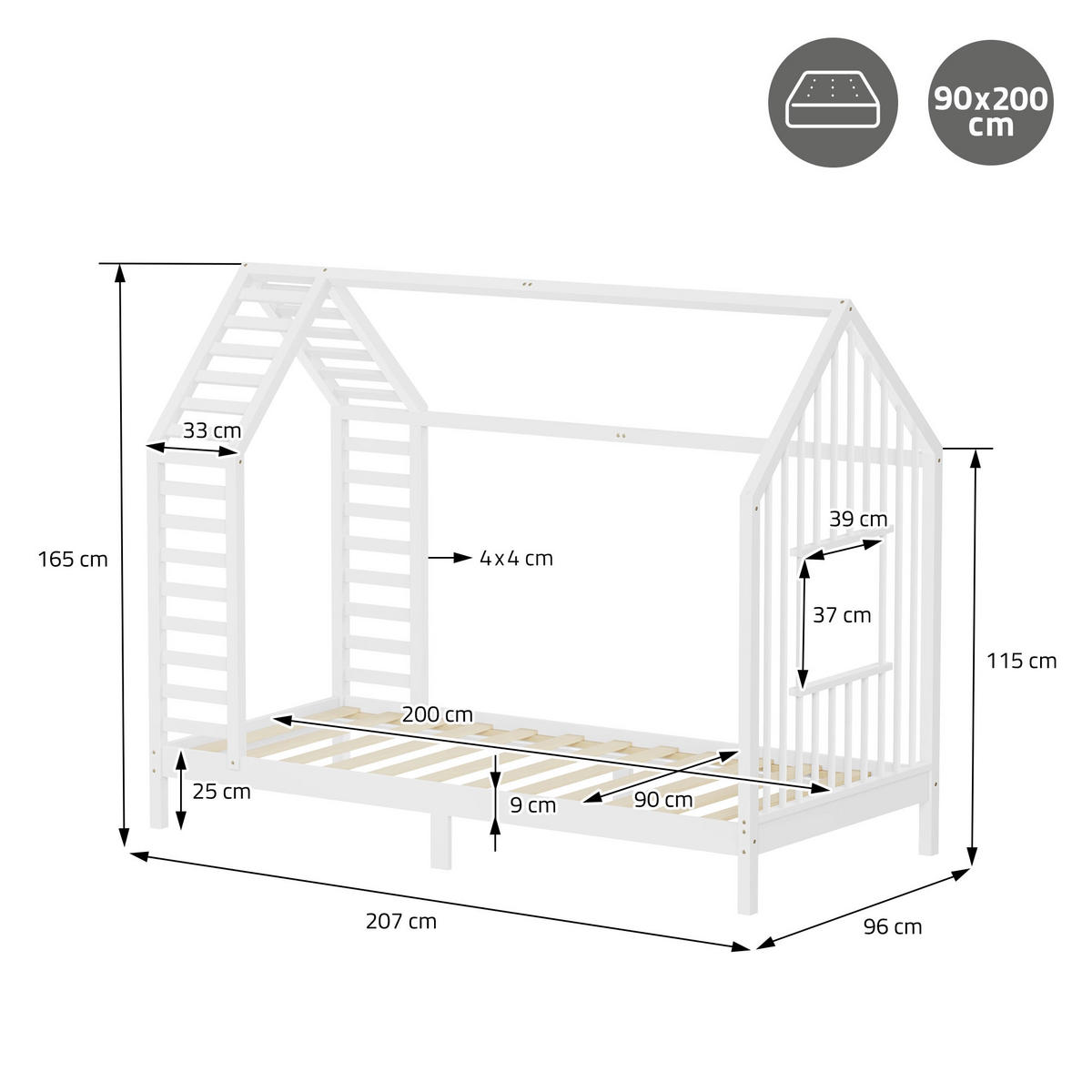 DĚTSKÁ POSTEL 90 x 200 cm s matrací, lamelovým roštem a střechou – postel ve tvaru domečku z masivního borovicového dřeva, bílá - bílá, dřevo (90/200cm) - ML-DESIGN