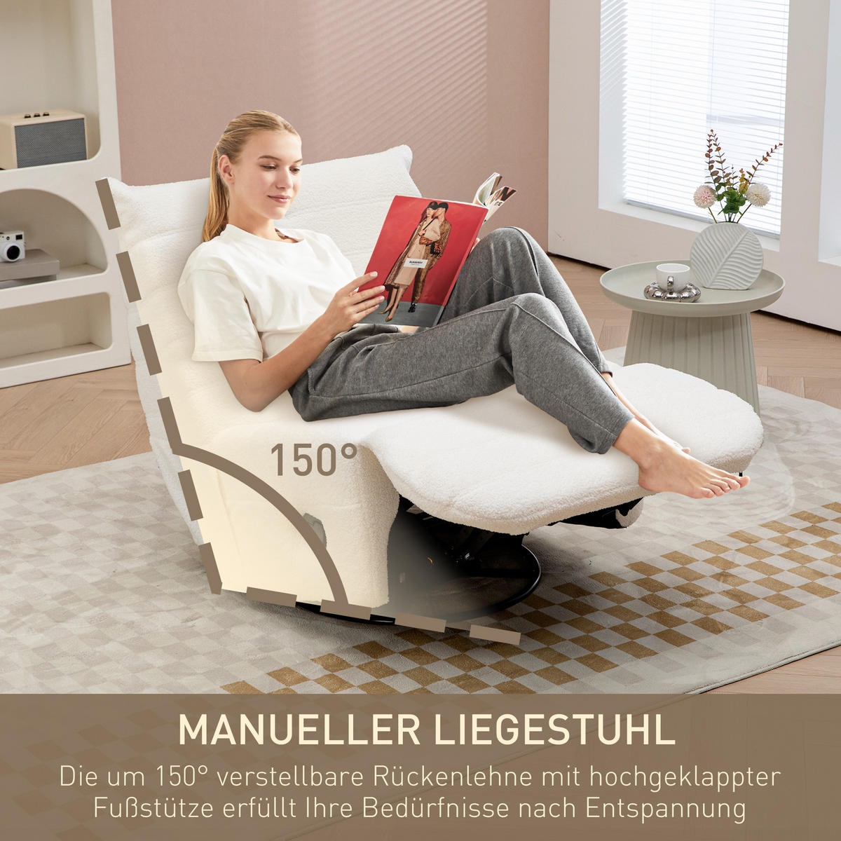 RELAXSESSEL Drehbar Fernsehsessel mit Liegefunktion, Schaukelfunktion Cremeweiß - Creme, Kunststoff (104/87/84cm) - HOMCOM