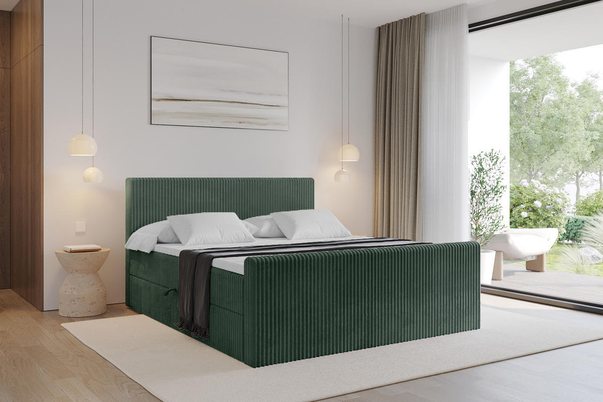 BOXBETT mit Matratze H4 und Lattenrost - TOLO-Z - 140x200 Cord - Dunkelgrün - Dunkelgrün, Holzwerkstoff (140/200cm) - ALTDECOR