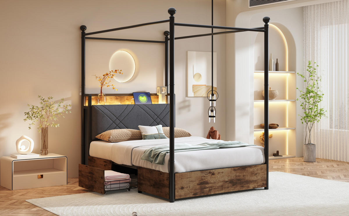 METALLBETT 90x190 cm LED USB Stauraum - Schwarz, Metall (90/190cm) - LEBENLANG