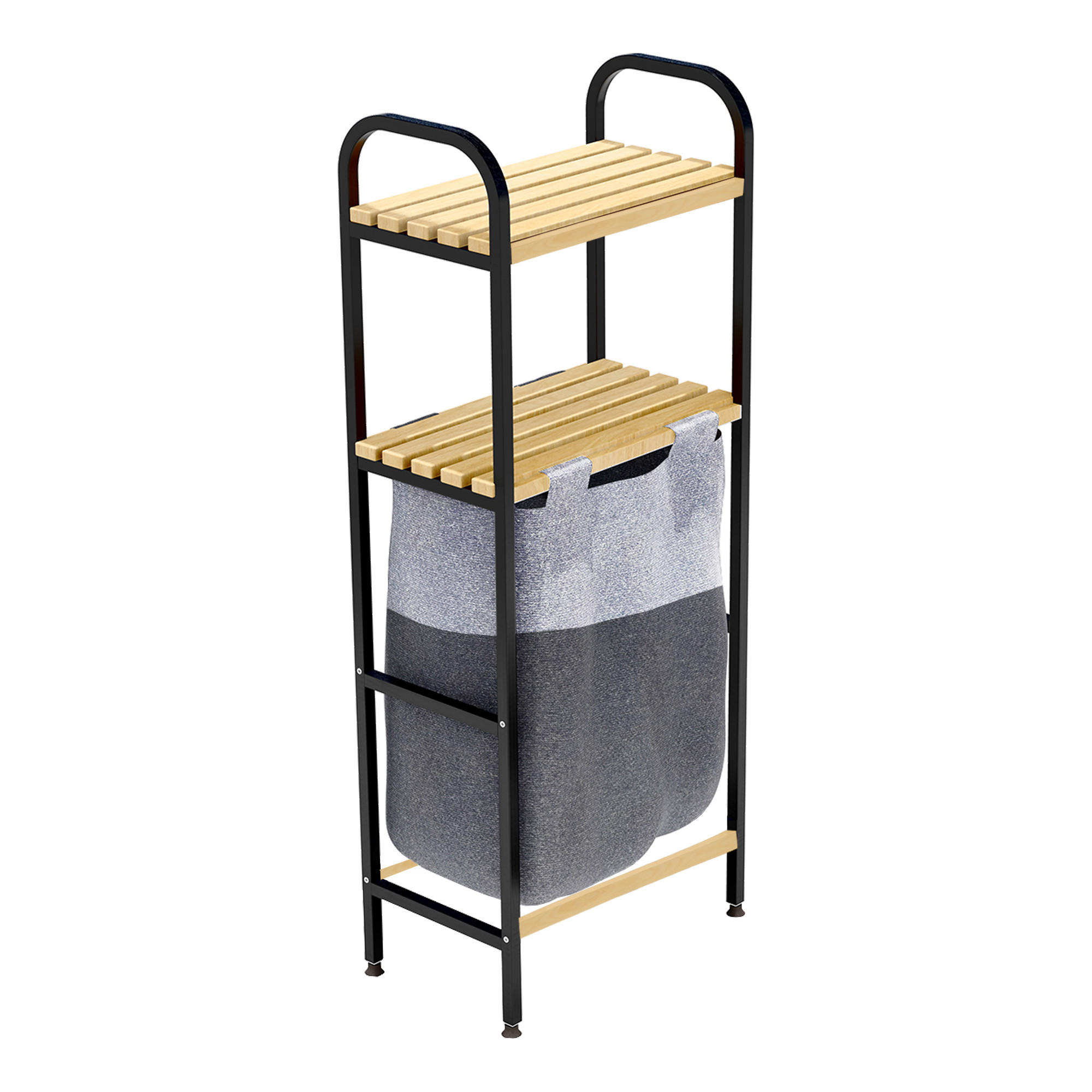 BADEZIMMERREGAL Pello mit Wäschetasche - Schwarz/Naturfarben, Holz/Textil (39/100/22cm) - [en.casa]