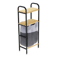 BADEZIMMERREGAL Pello mit Wäschetasche - Schwarz/Naturfarben, Holz/Textil (39/100/22cm) - [en.casa]