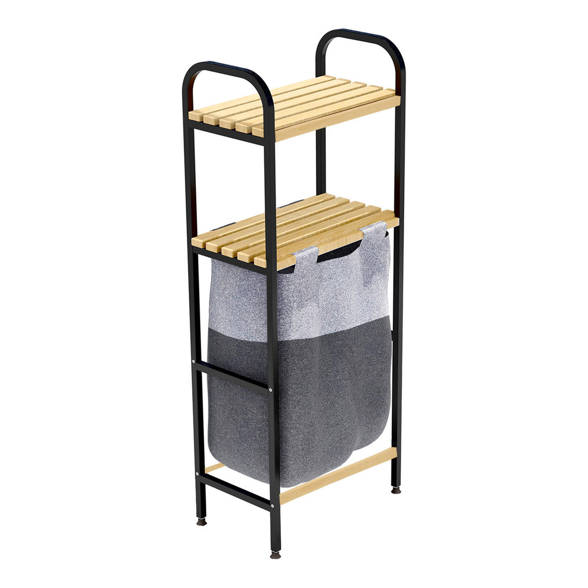 BADEZIMMERREGAL Pello mit Wäschetasche - Schwarz/Naturfarben, Holz/Textil (39/100/22cm) - [en.casa]