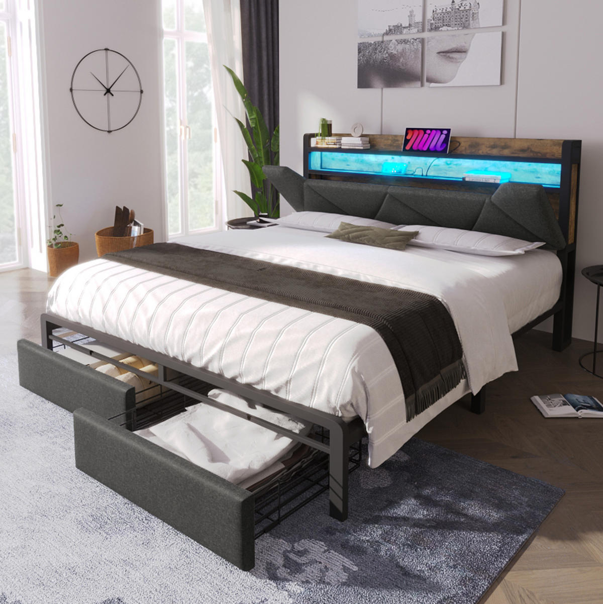 POLSTERBETT mit Stauraum, LED und USB 140x200 cm Leinen Grau mit Matratze - Grau, Metall (140/200cm) - Meubliv