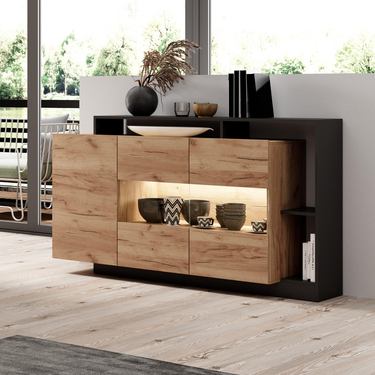 SIDEBOARD Panzo Craft Eiche / Anthrazit - 155 cm - Grifflos - Eichefarben/Anthrazit, Holzwerkstoff (155/93/44cm) - Ravio