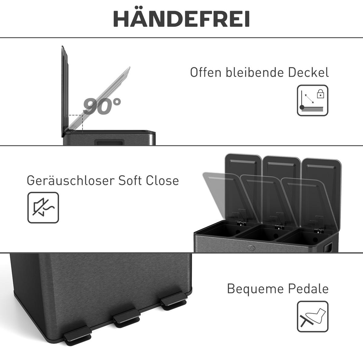 MÜLLEIMER 3x20L Abfalleimer aus Edelstahl mit Softclose Deckel Deodorant-Fächern - Schwarz, Metall (36.6/56.7/61.9cm) - HOMCOM