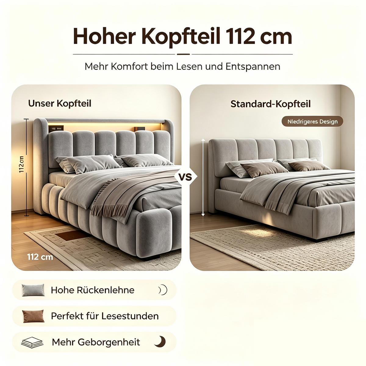 BOXBETT 180/200 mit LED/USB-C, Samt, Grau - Grau, Holz (180/200cm) - LVHOM